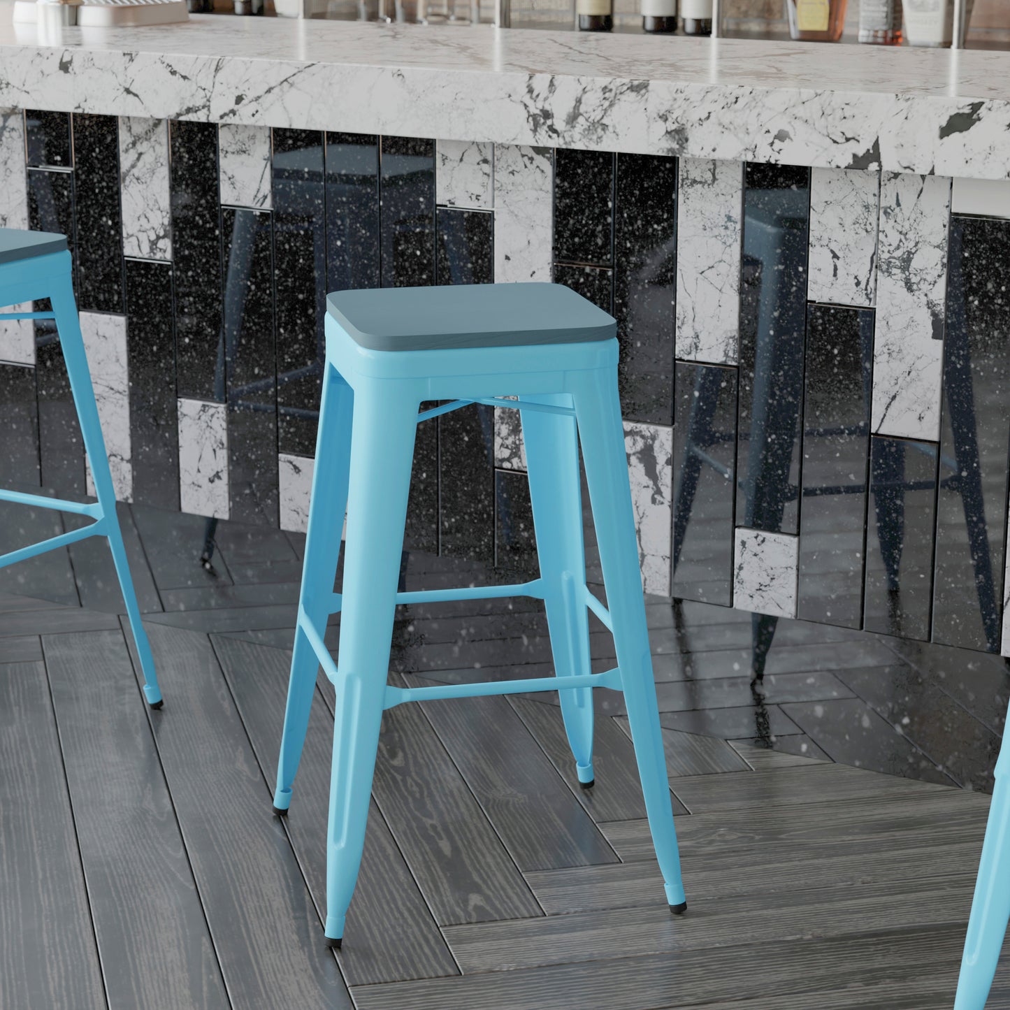 Cierra Set of 4 Commercial Grade 30" High Backless Teal Metal Indoor Bar Height Stools with Teal-Blue All-Weather Poly Resin Seats Teal-Blue Resin Wood Seat/Teal Frame