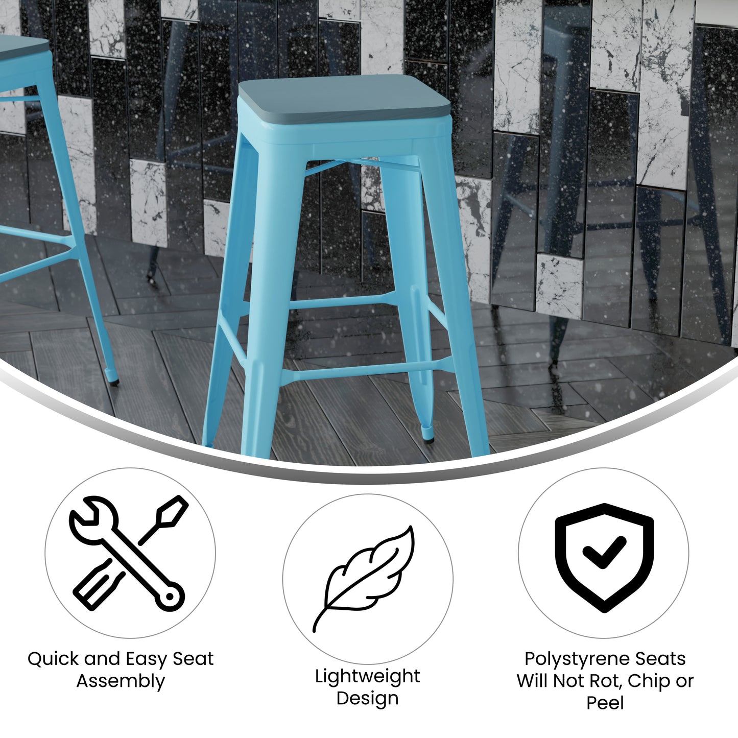 Cierra Set of 4 Commercial Grade 30" High Backless Teal Metal Indoor Bar Height Stools with Teal-Blue All-Weather Poly Resin Seats Teal-Blue Resin Wood Seat/Teal Frame