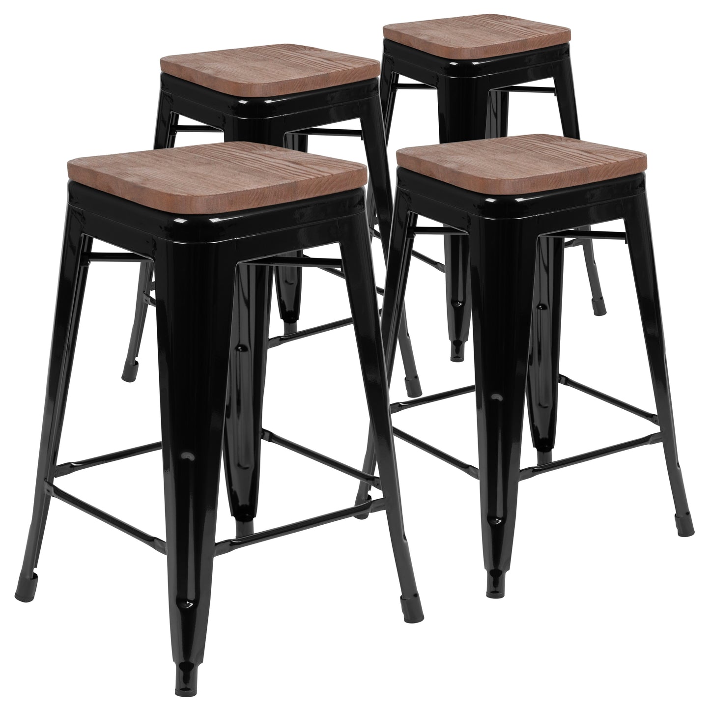 Cierra 24" High Metal Counter-Height, Indoor Bar Stool with Wood Seat in Black - Stackable Set of 4 Black