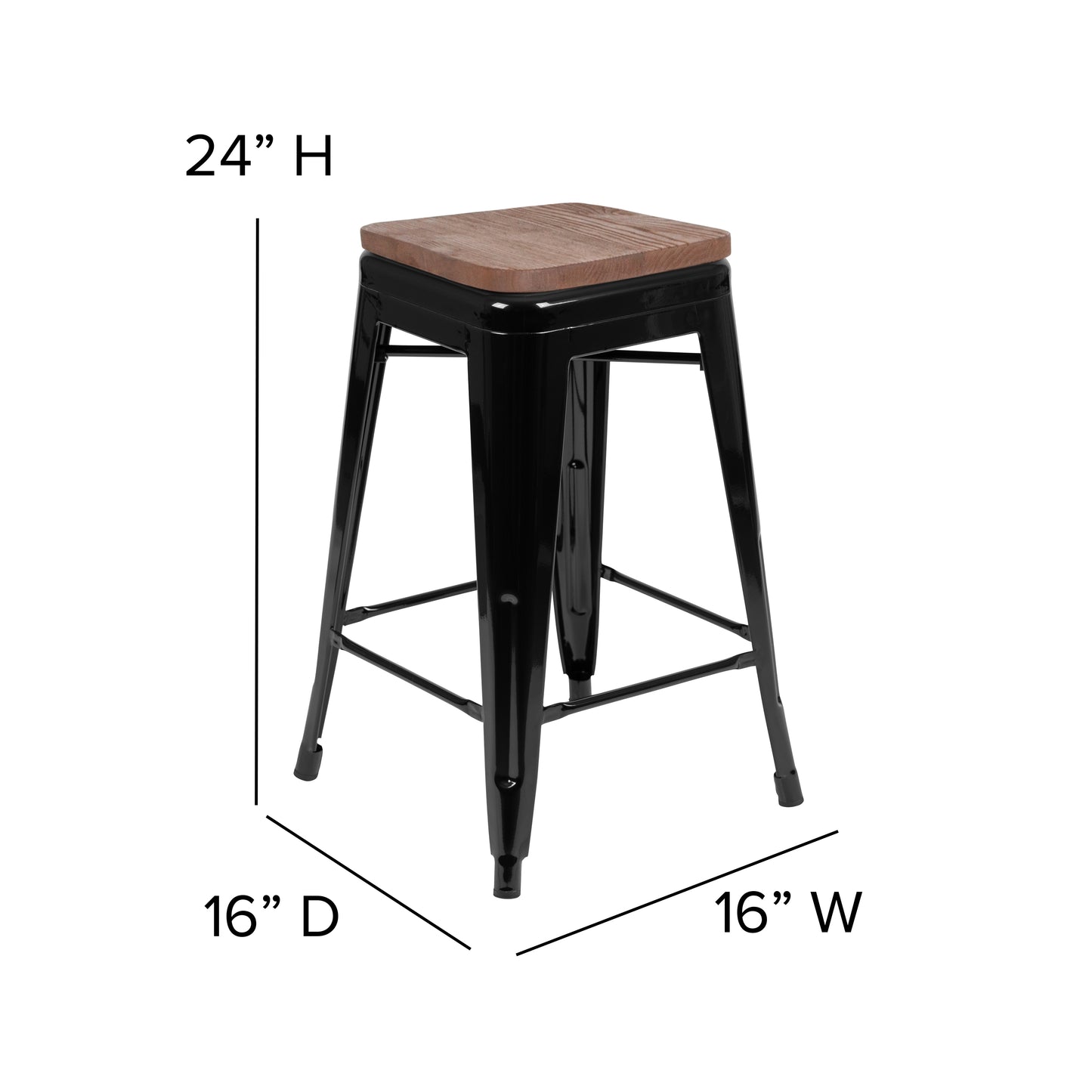 Cierra 24" High Metal Counter-Height, Indoor Bar Stool with Wood Seat in Black - Stackable Set of 4 Black