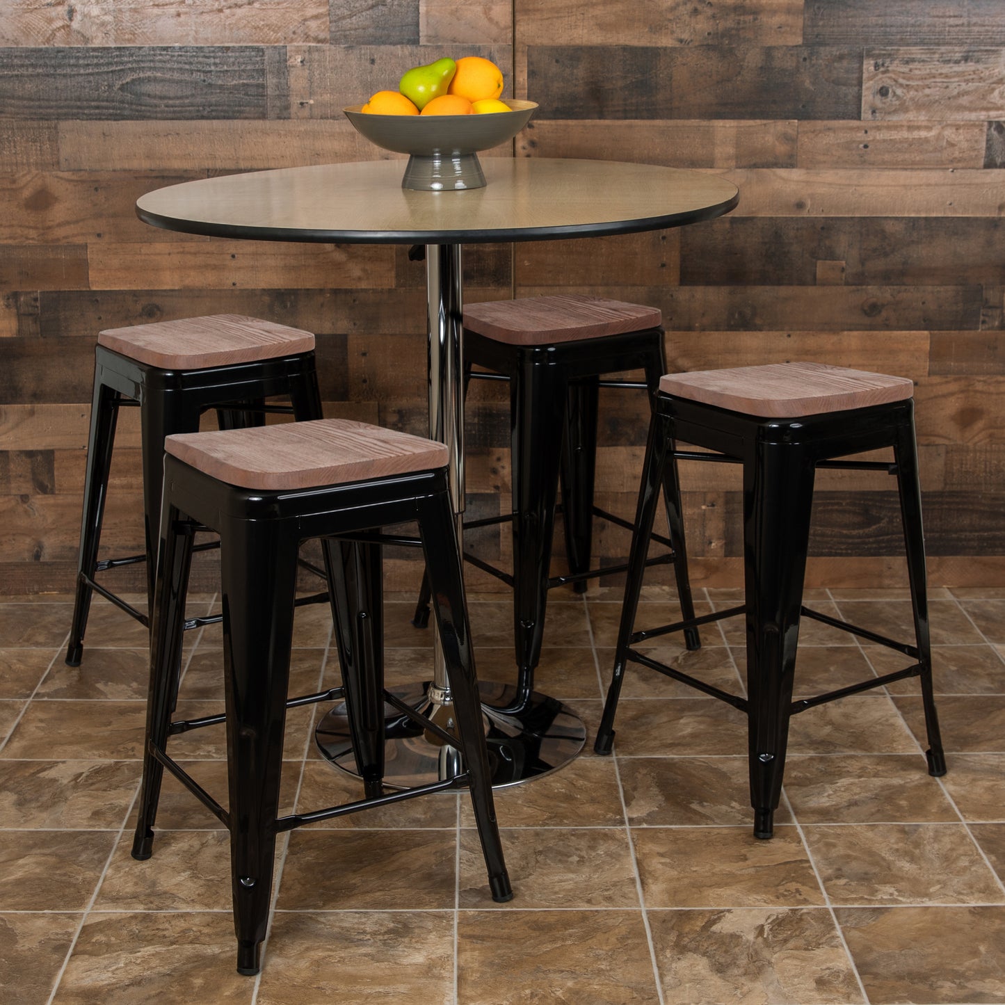 Cierra 24" High Metal Counter-Height, Indoor Bar Stool with Wood Seat in Black - Stackable Set of 4 Black