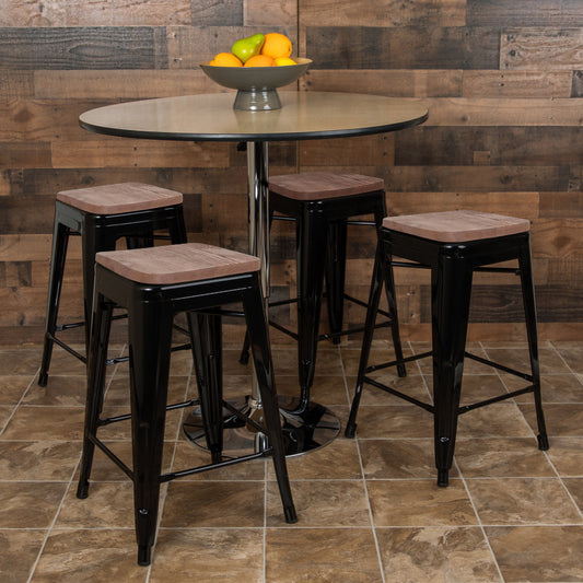 Cierra 24" High Metal Counter-Height, Indoor Bar Stool with Wood Seat in Black - Stackable Set of 4 Black