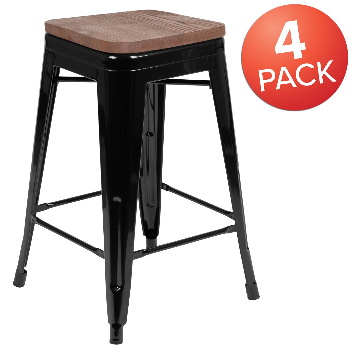Cierra 24" High Metal Counter-Height, Indoor Bar Stool with Wood Seat in Black - Stackable Set of 4 Black