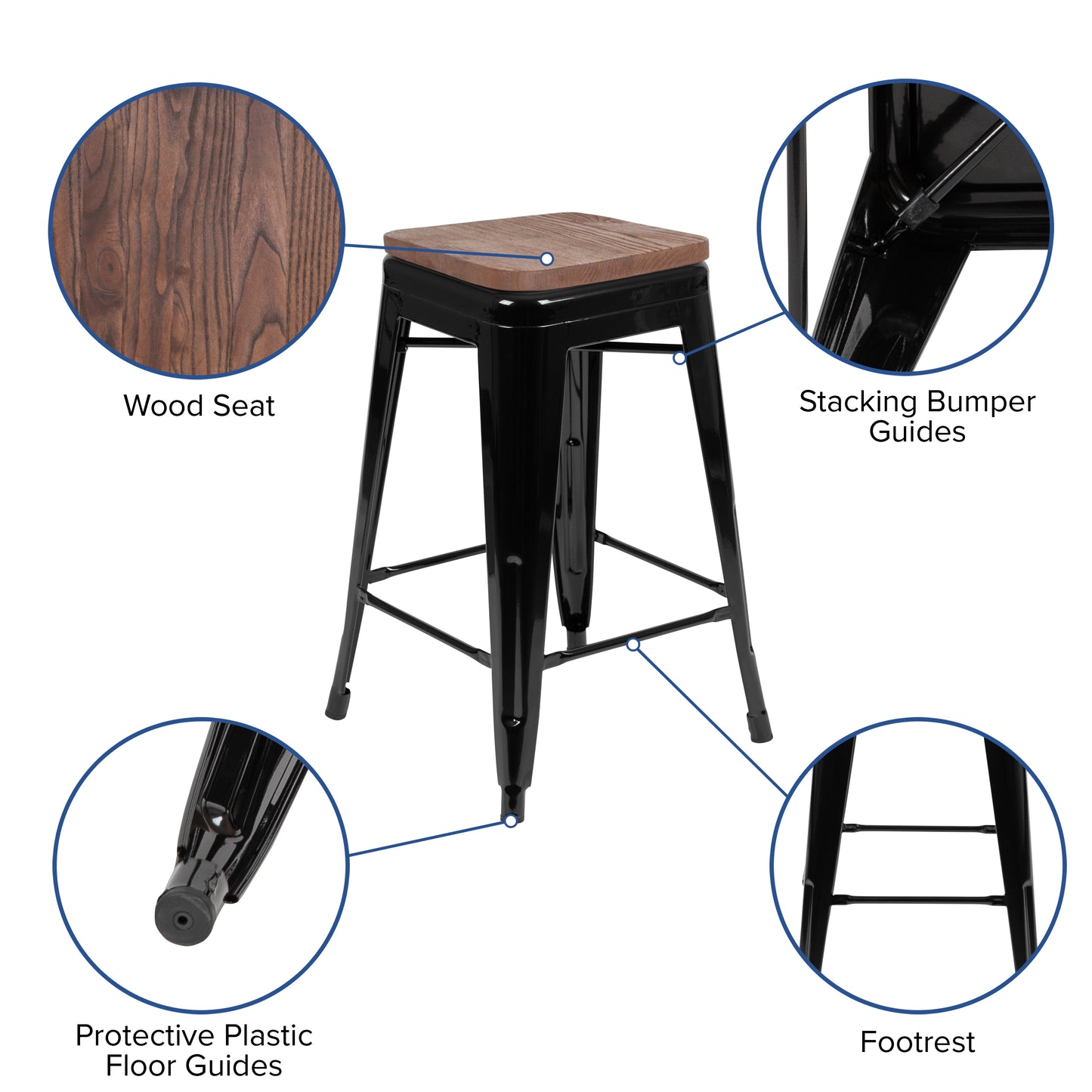 Cierra 24" High Metal Counter-Height, Indoor Bar Stool with Wood Seat in Black - Stackable Set of 4 Black