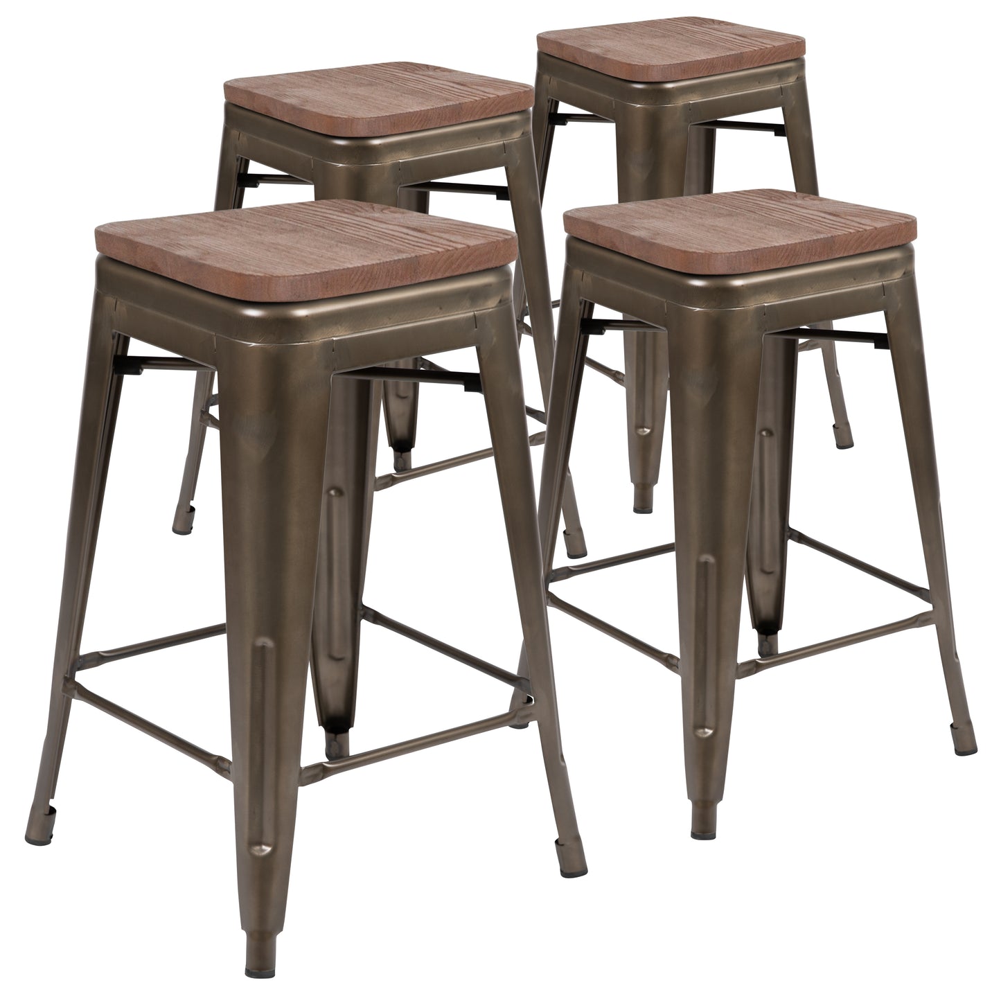 Cierra 24" High Metal Counter-Height, Indoor Bar Stool with Wood Seat in Gun Metal Gray - Stackable Set of 4 Gun Metal 4-ET-31320W-24-GN-R-GG