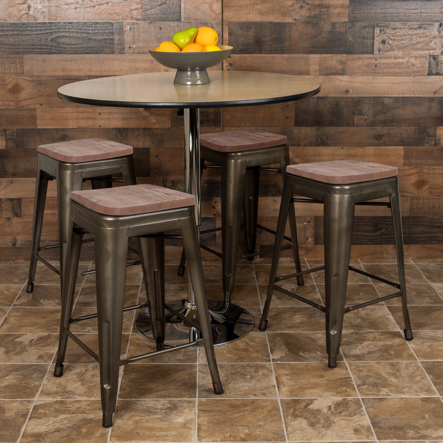 Cierra 24" High Metal Counter-Height, Indoor Bar Stool with Wood Seat in Gun Metal Gray - Stackable Set of 4 Gun Metal 4-ET-31320W-24-GN-R-GG