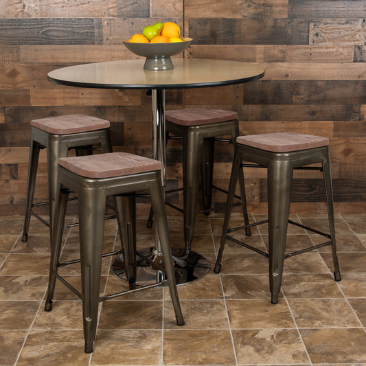 Cierra 24" High Metal Counter-Height, Indoor Bar Stool with Wood Seat in Gun Metal Gray - Stackable Set of 4 Gun Metal