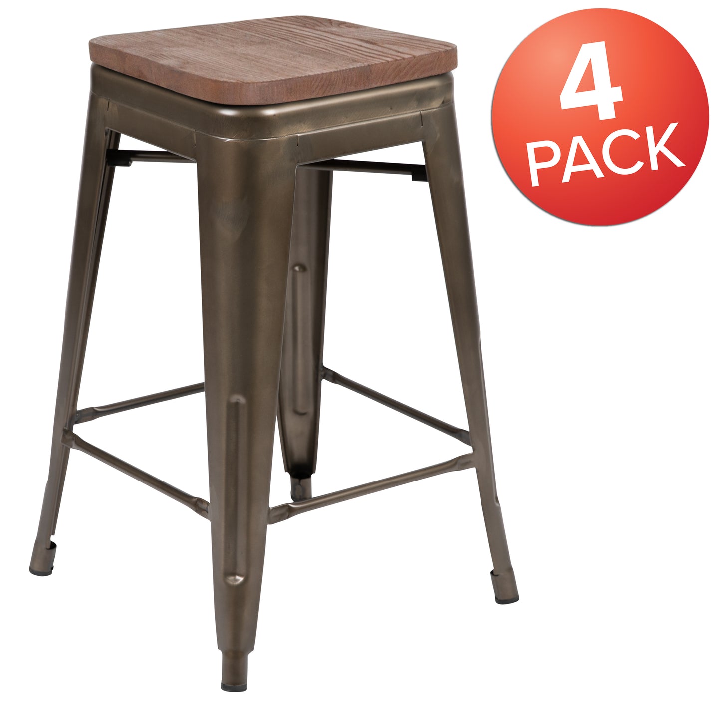Cierra 24" High Metal Counter-Height, Indoor Bar Stool with Wood Seat in Gun Metal Gray - Stackable Set of 4 Gun Metal 4-ET-31320W-24-GN-R-GG