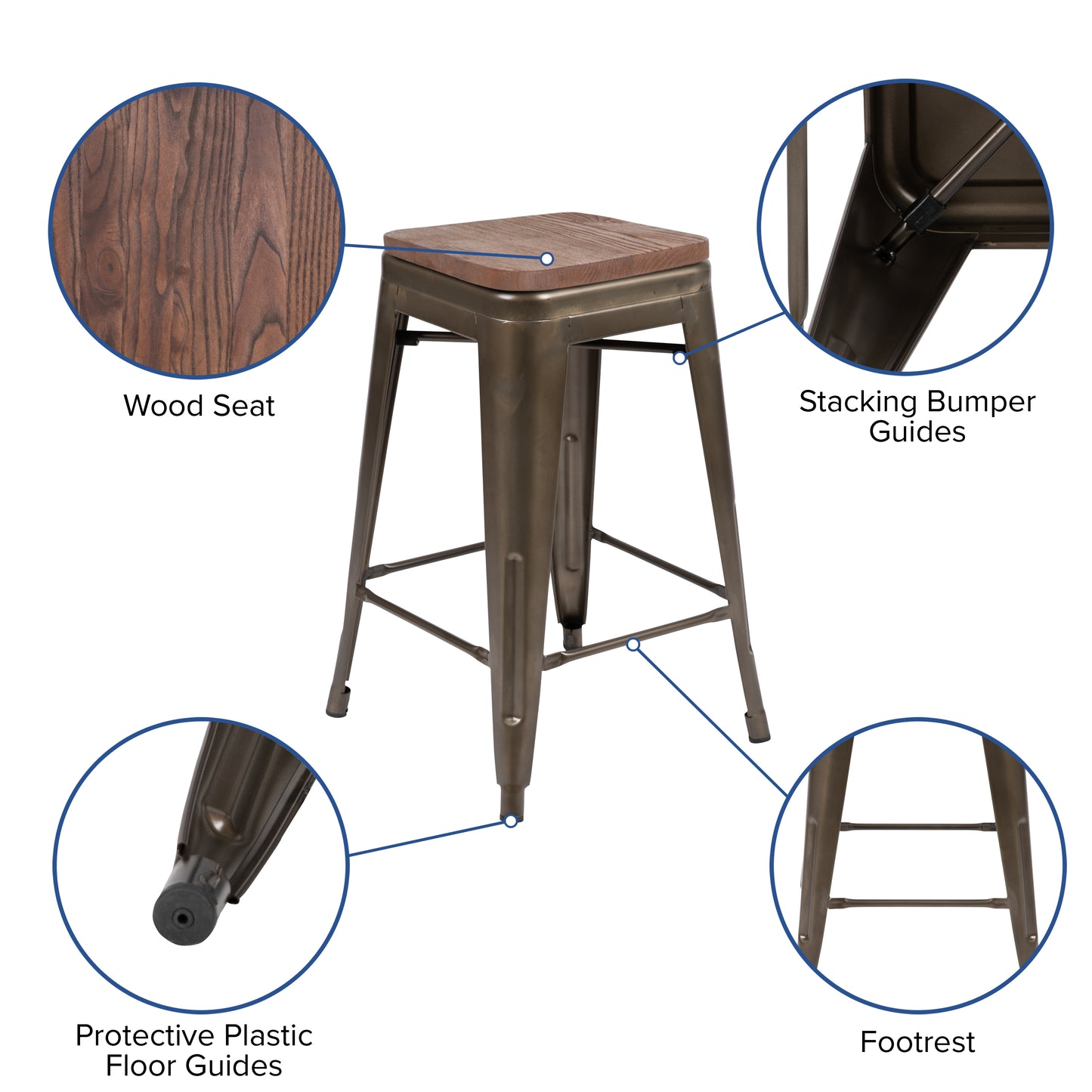 Cierra 24" High Metal Counter-Height, Indoor Bar Stool with Wood Seat in Gun Metal Gray - Stackable Set of 4 Gun Metal 4-ET-31320W-24-GN-R-GG