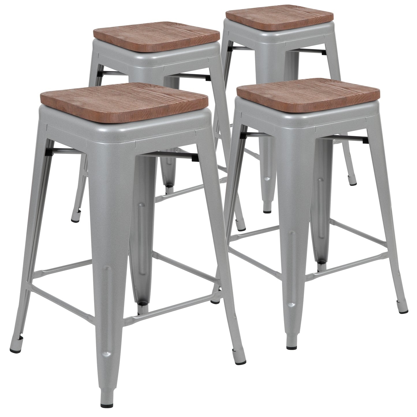 Cierra 24" High Metal Counter-Height, Indoor Bar Stool with Wood Seat in Silver - Stackable Set of 4 Silver