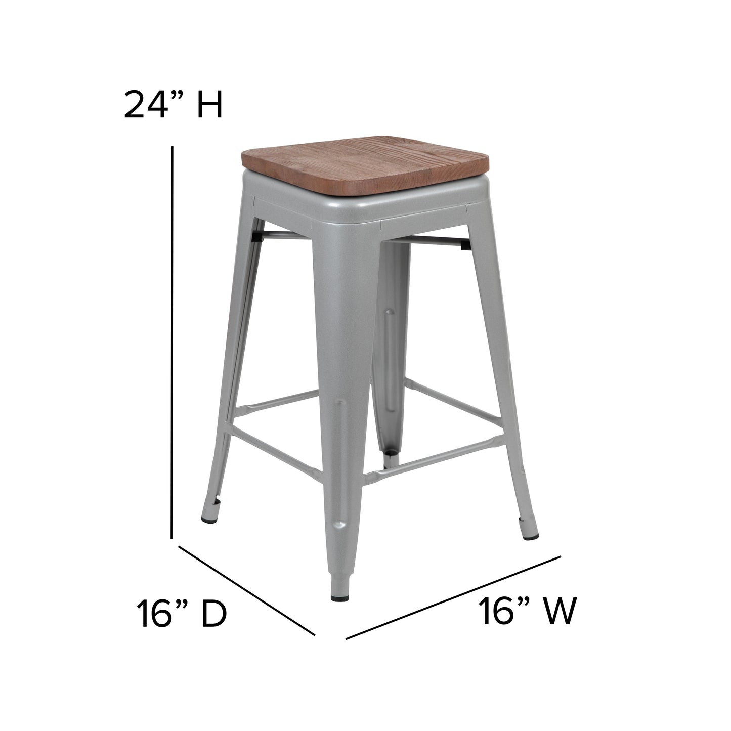 Cierra 24" High Metal Counter-Height, Indoor Bar Stool with Wood Seat in Silver - Stackable Set of 4 Silver