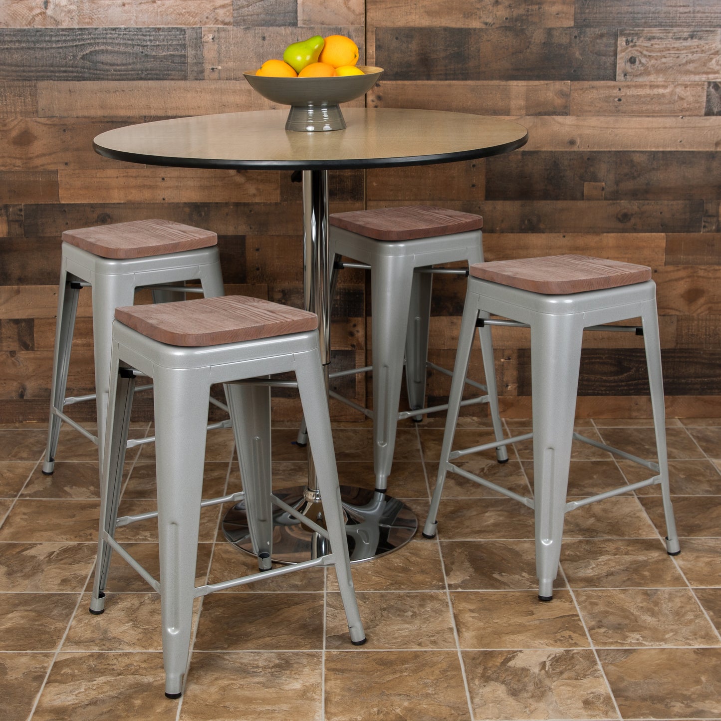 Cierra 24" High Metal Counter-Height, Indoor Bar Stool with Wood Seat in Silver - Stackable Set of 4 Silver