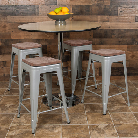 Cierra 24" High Metal Counter-Height, Indoor Bar Stool with Wood Seat in Silver - Stackable Set of 4 Silver