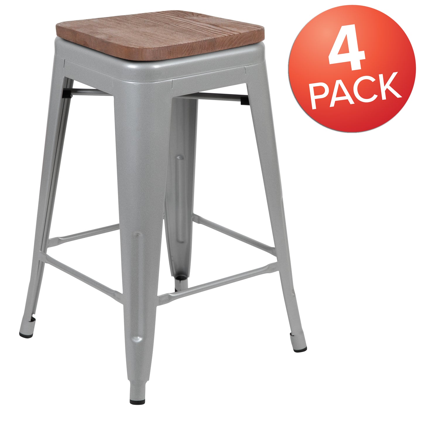 Cierra 24" High Metal Counter-Height, Indoor Bar Stool with Wood Seat in Silver - Stackable Set of 4 Silver