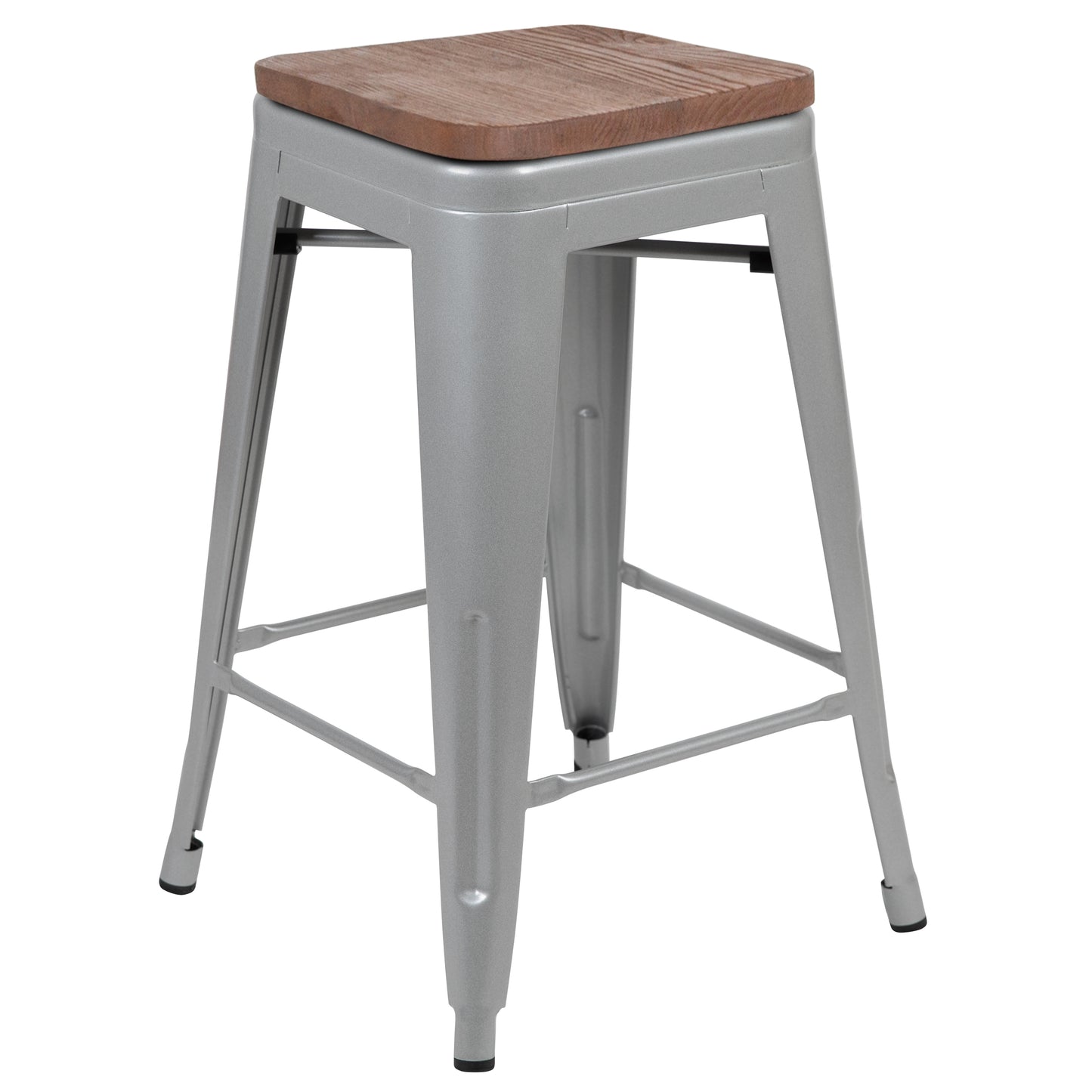Cierra 24" High Metal Counter-Height, Indoor Bar Stool with Wood Seat in Silver - Stackable Set of 4 Silver