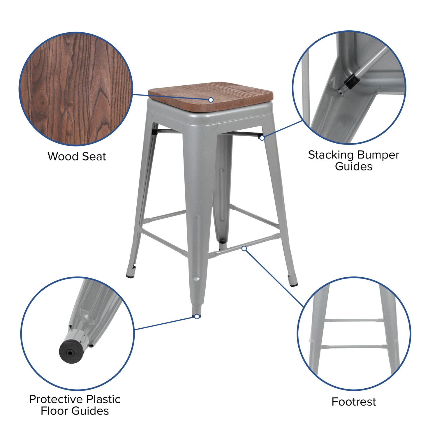 Cierra 24" High Metal Counter-Height, Indoor Bar Stool with Wood Seat in Silver - Stackable Set of 4 Silver