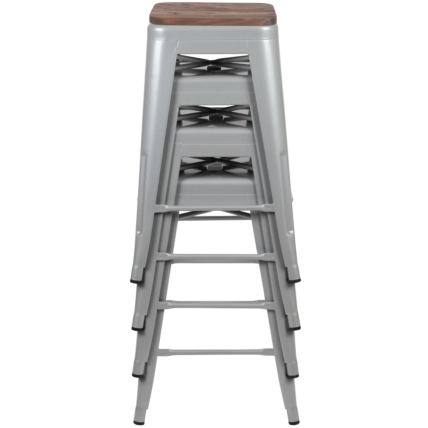 Cierra 24" High Metal Counter-Height, Indoor Bar Stool with Wood Seat in Silver - Stackable Set of 4 Silver