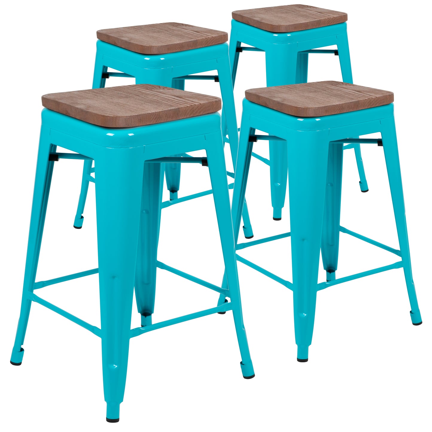 Cierra 24" High Metal Counter-Height, Indoor Bar Stool with Wood Seat in Teal - Stackable Set of 4 Teal