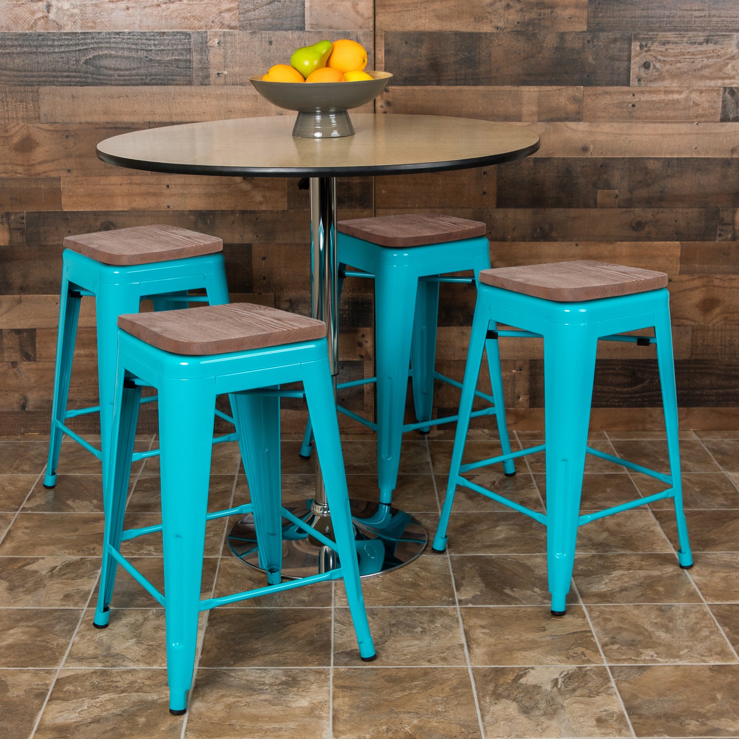Cierra 24" High Metal Counter-Height, Indoor Bar Stool with Wood Seat in Teal - Stackable Set of 4 Teal