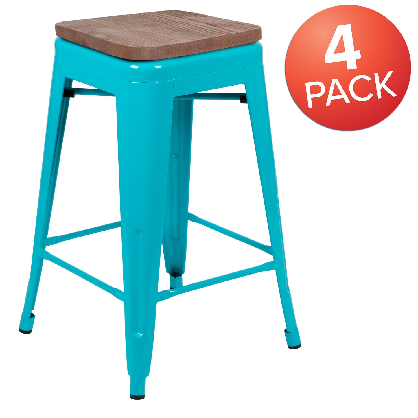 Cierra 24" High Metal Counter-Height, Indoor Bar Stool with Wood Seat in Teal - Stackable Set of 4 Teal