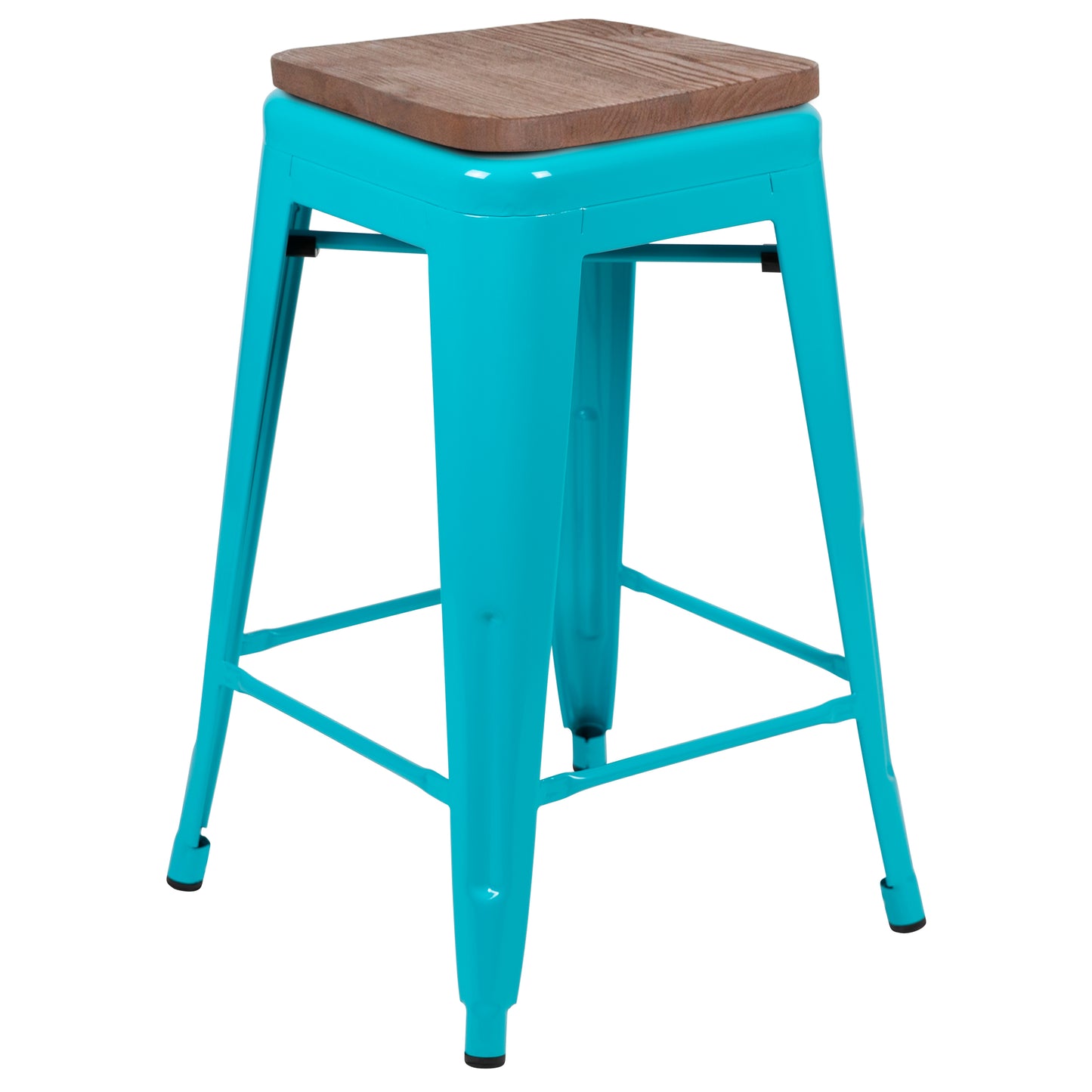 Cierra 24" High Metal Counter-Height, Indoor Bar Stool with Wood Seat in Teal - Stackable Set of 4 Teal