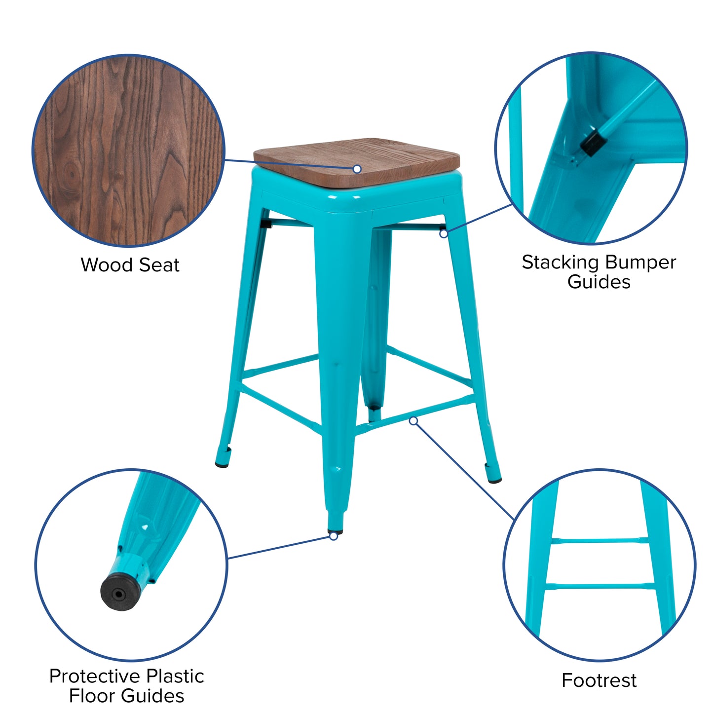 Cierra 24" High Metal Counter-Height, Indoor Bar Stool with Wood Seat in Teal - Stackable Set of 4 Teal