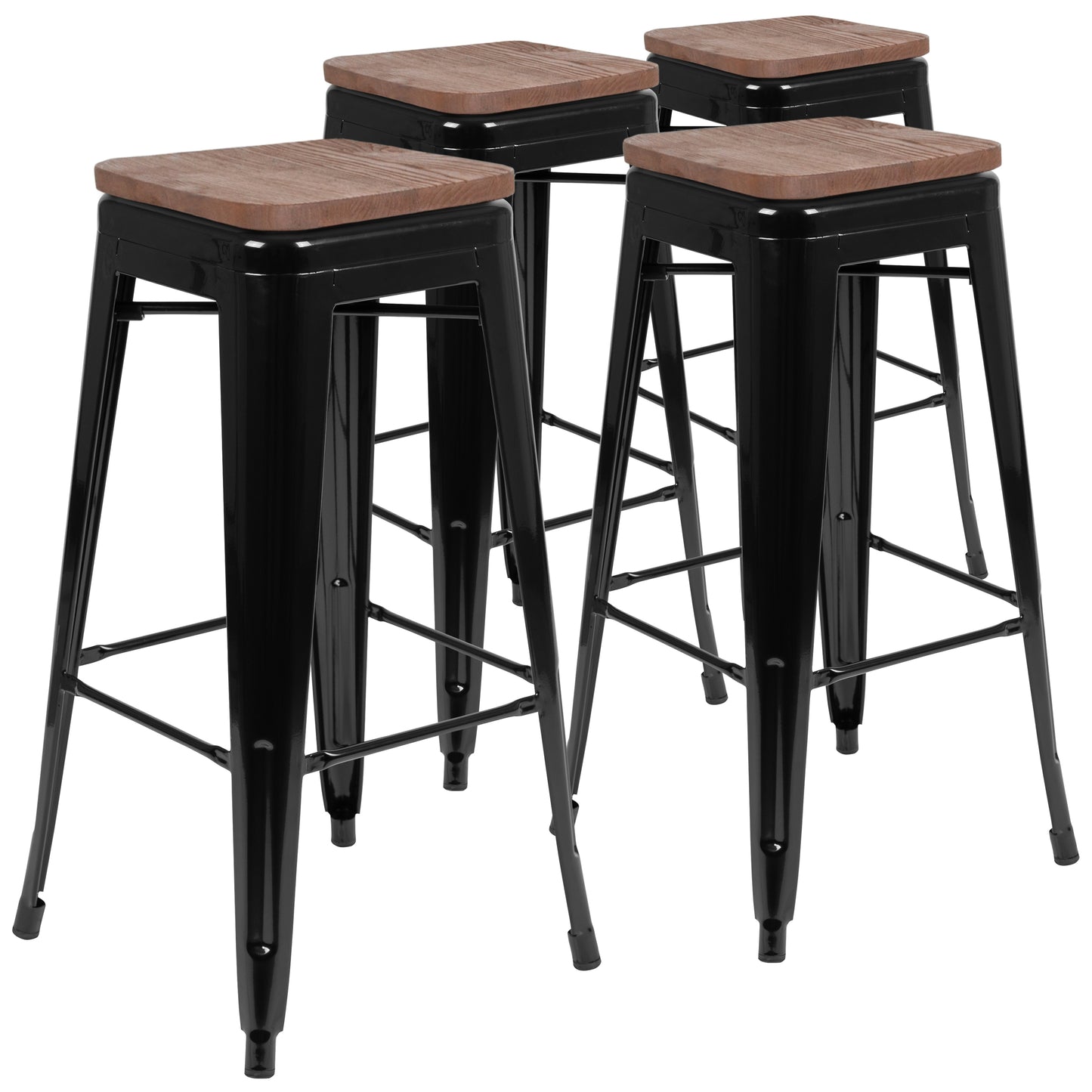 Cierra 30" High Metal Indoor Bar Stool with Wood Seat in Black - Stackable Set of 4 Black