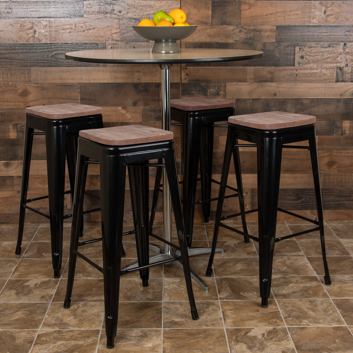 Cierra 30" High Metal Indoor Bar Stool with Wood Seat in Black - Stackable Set of 4 Black