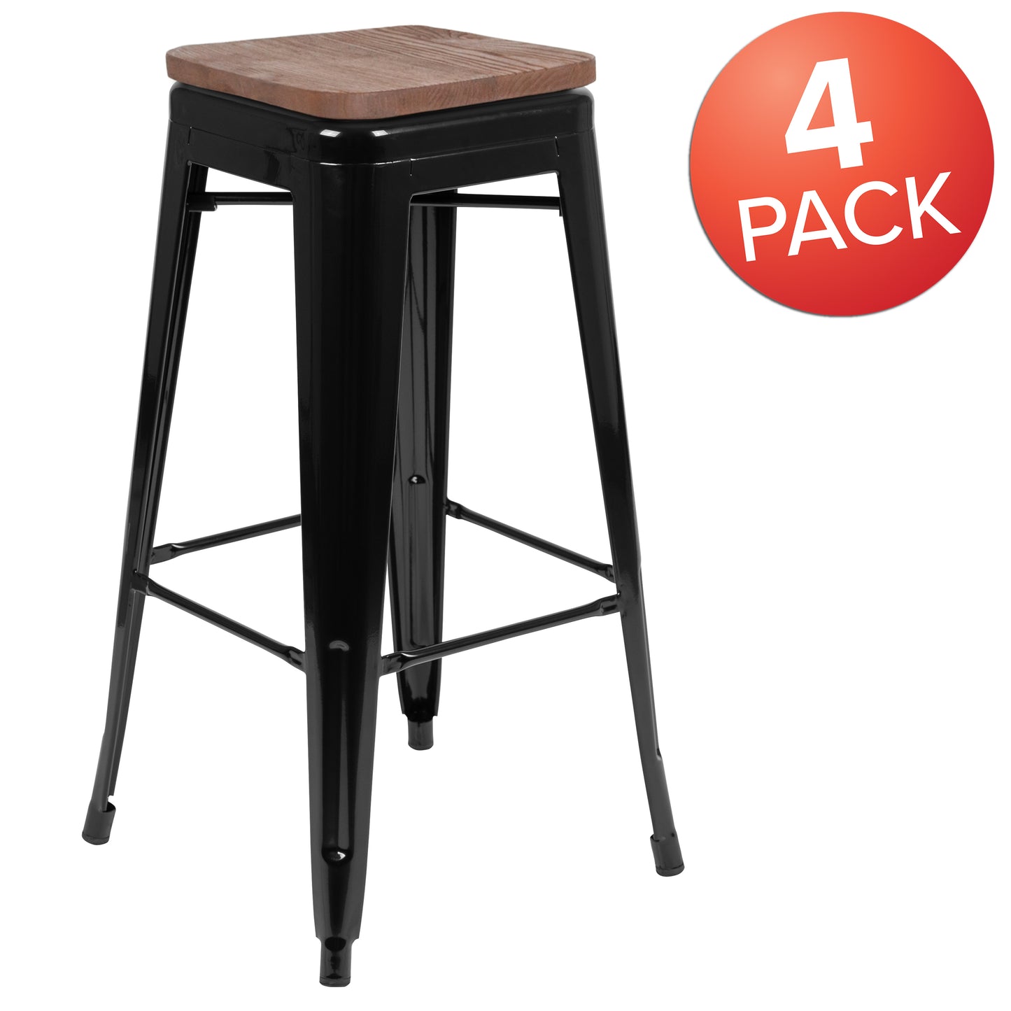 Cierra 30" High Metal Indoor Bar Stool with Wood Seat in Black - Stackable Set of 4 Black