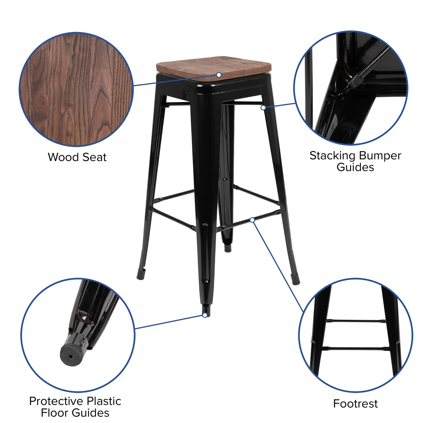 Cierra 30" High Metal Indoor Bar Stool with Wood Seat in Black - Stackable Set of 4 Black