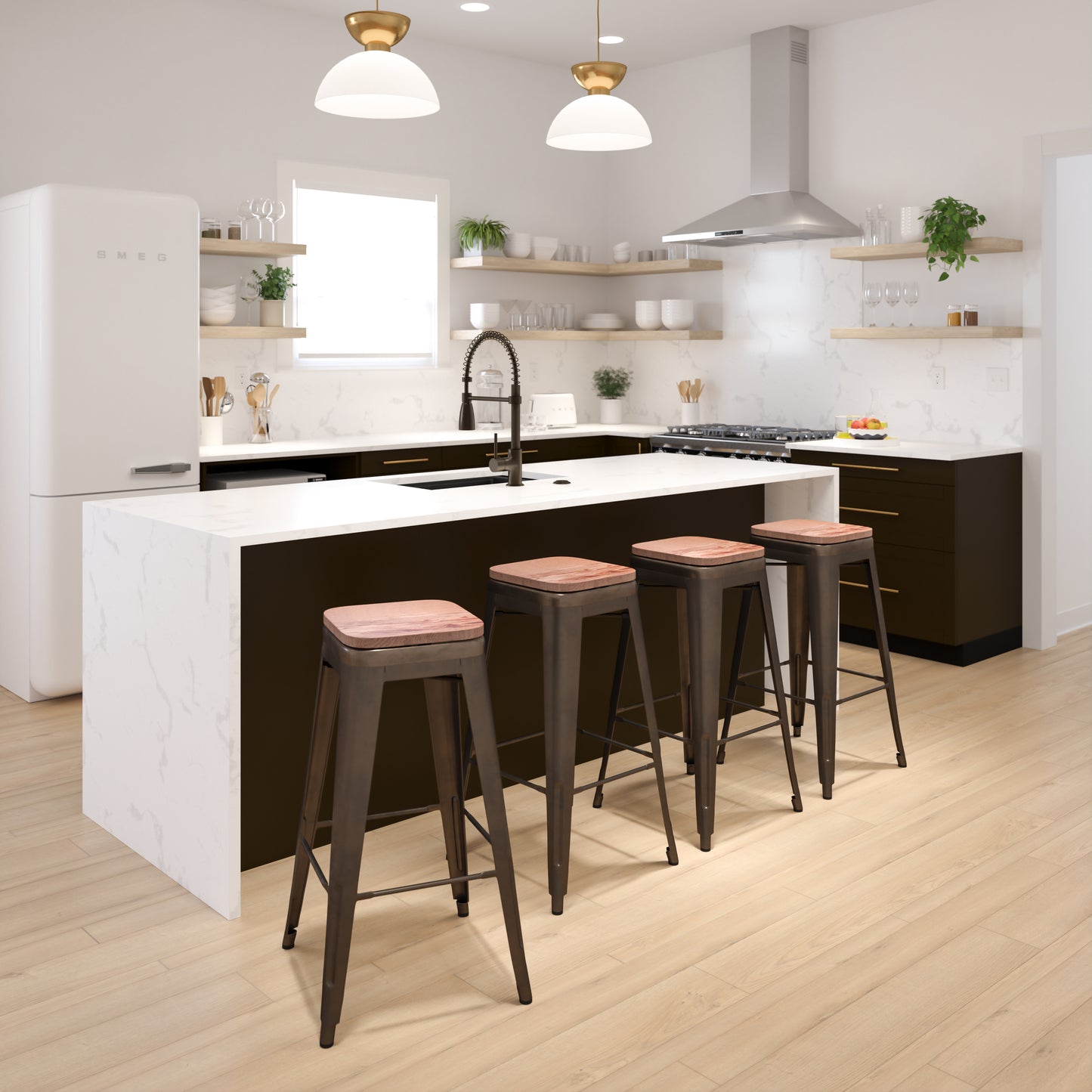 Cierra 30" High Metal Indoor Bar Stool with Wood Seat in Gun Metal Gray - Stackable Set of 4 Gun Metal