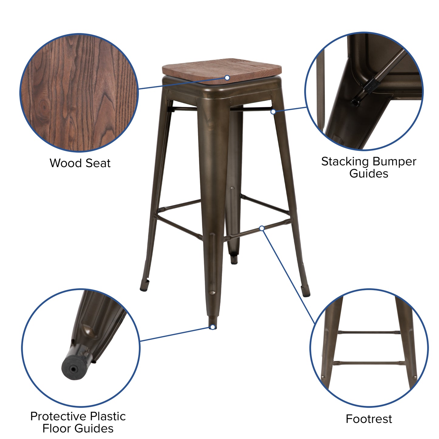 Cierra 30" High Metal Indoor Bar Stool with Wood Seat in Gun Metal Gray - Stackable Set of 4 Gun Metal
