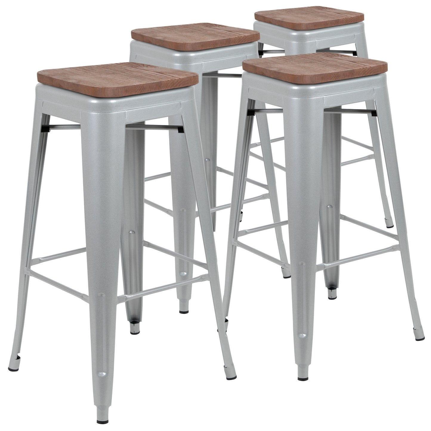 Cierra 30" High Metal Indoor Bar Stool with Wood Seat in Silver - Stackable Set of 4 Silver