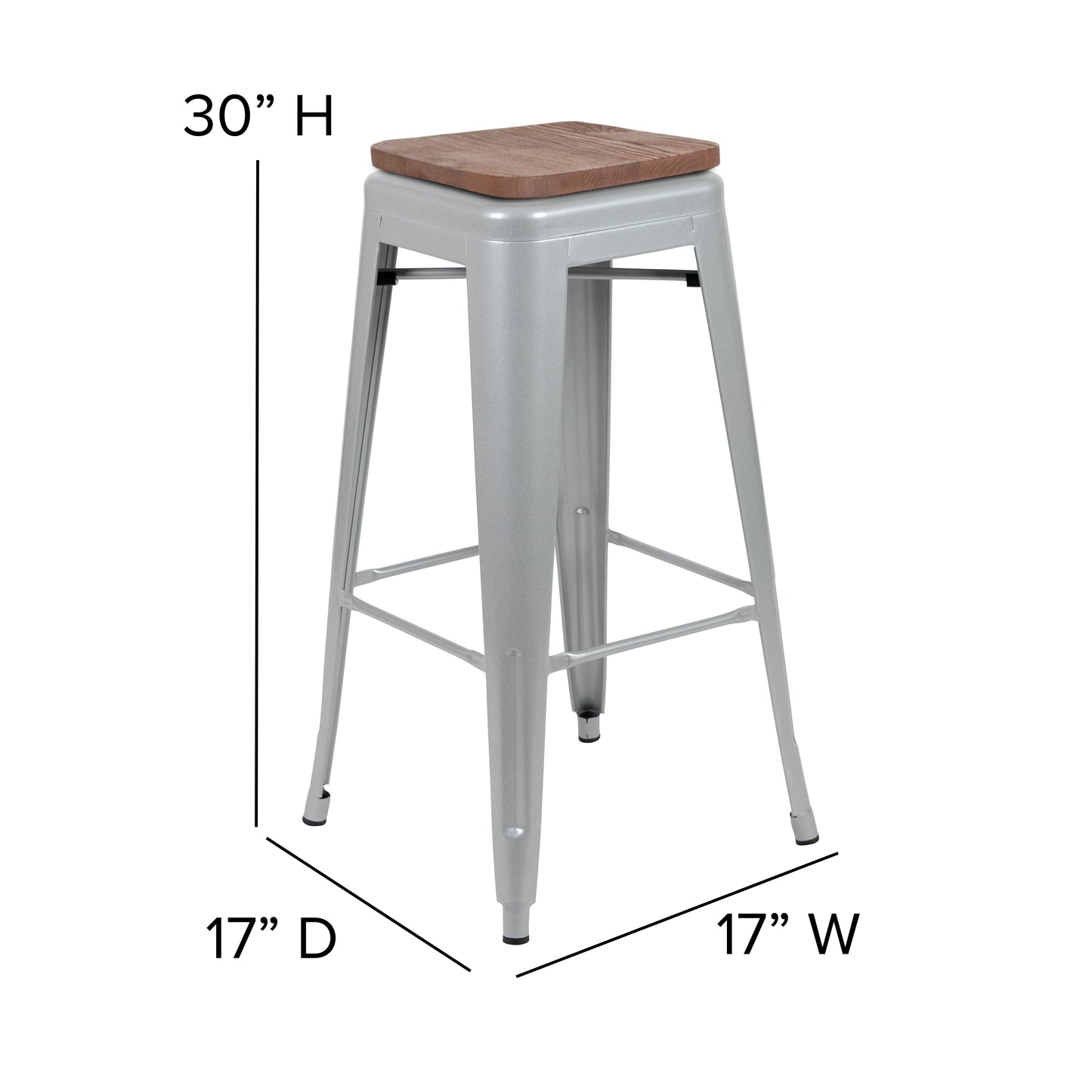 Cierra 30" High Metal Indoor Bar Stool with Wood Seat in Silver - Stackable Set of 4 Silver