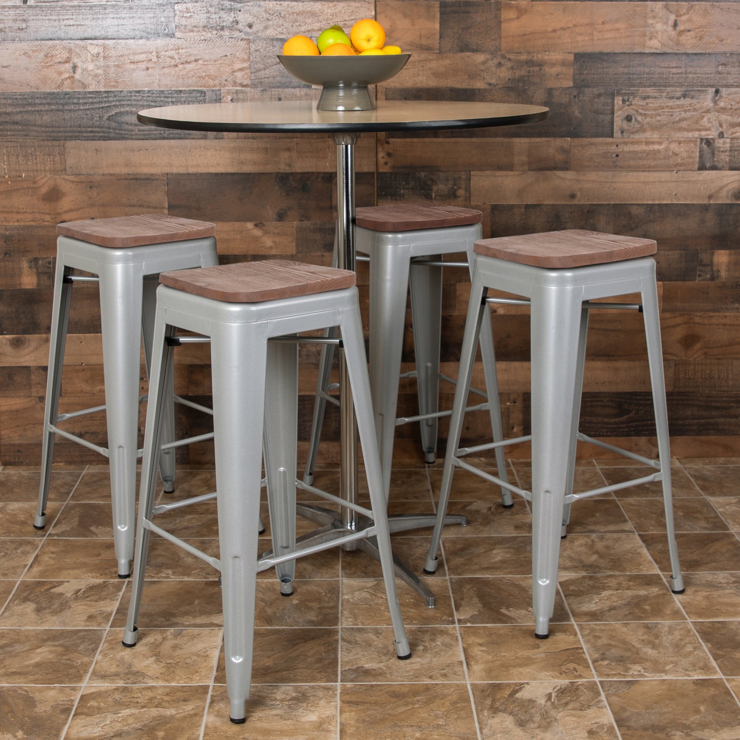 Cierra 30" High Metal Indoor Bar Stool with Wood Seat in Silver - Stackable Set of 4 Silver