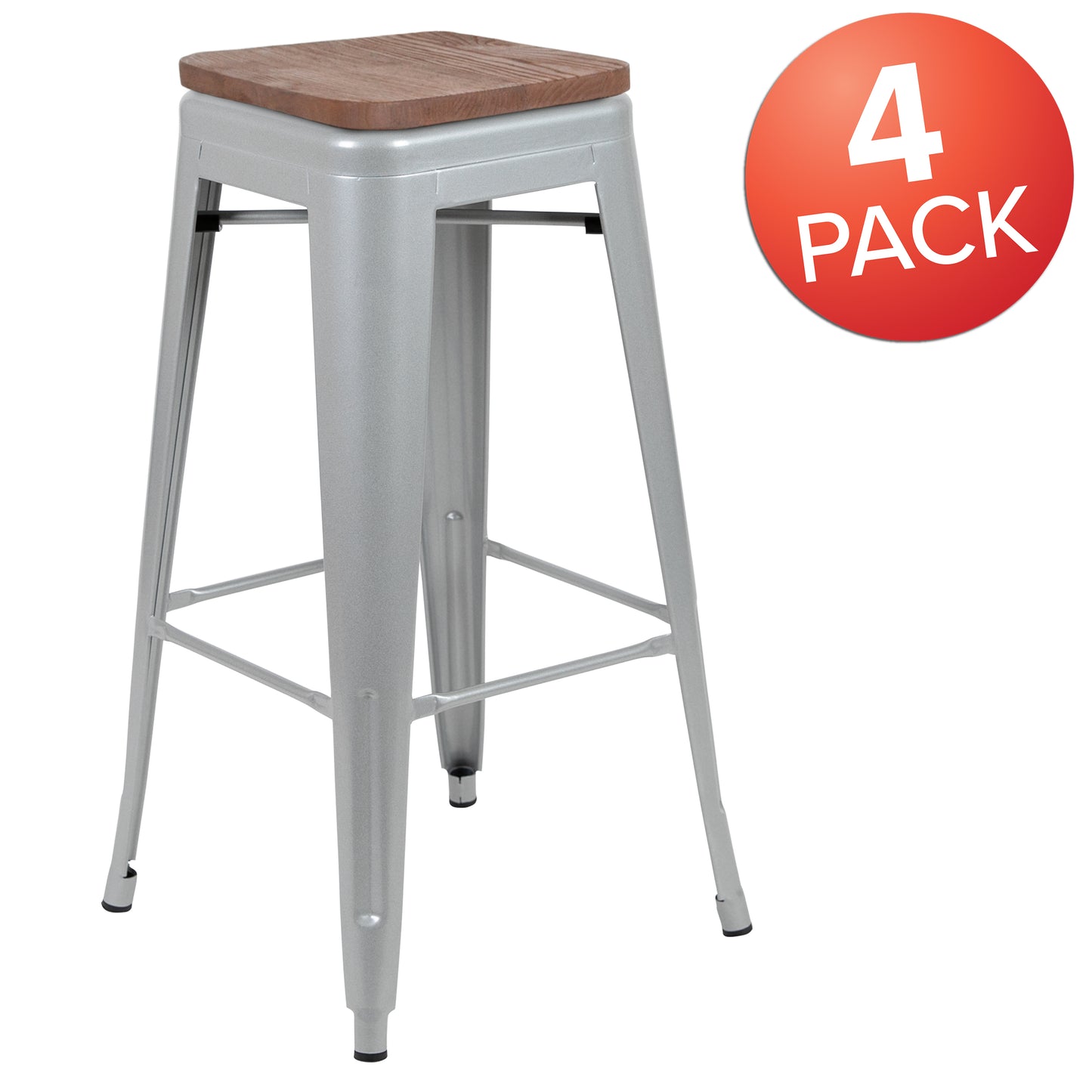 Cierra 30" High Metal Indoor Bar Stool with Wood Seat in Silver - Stackable Set of 4 Silver