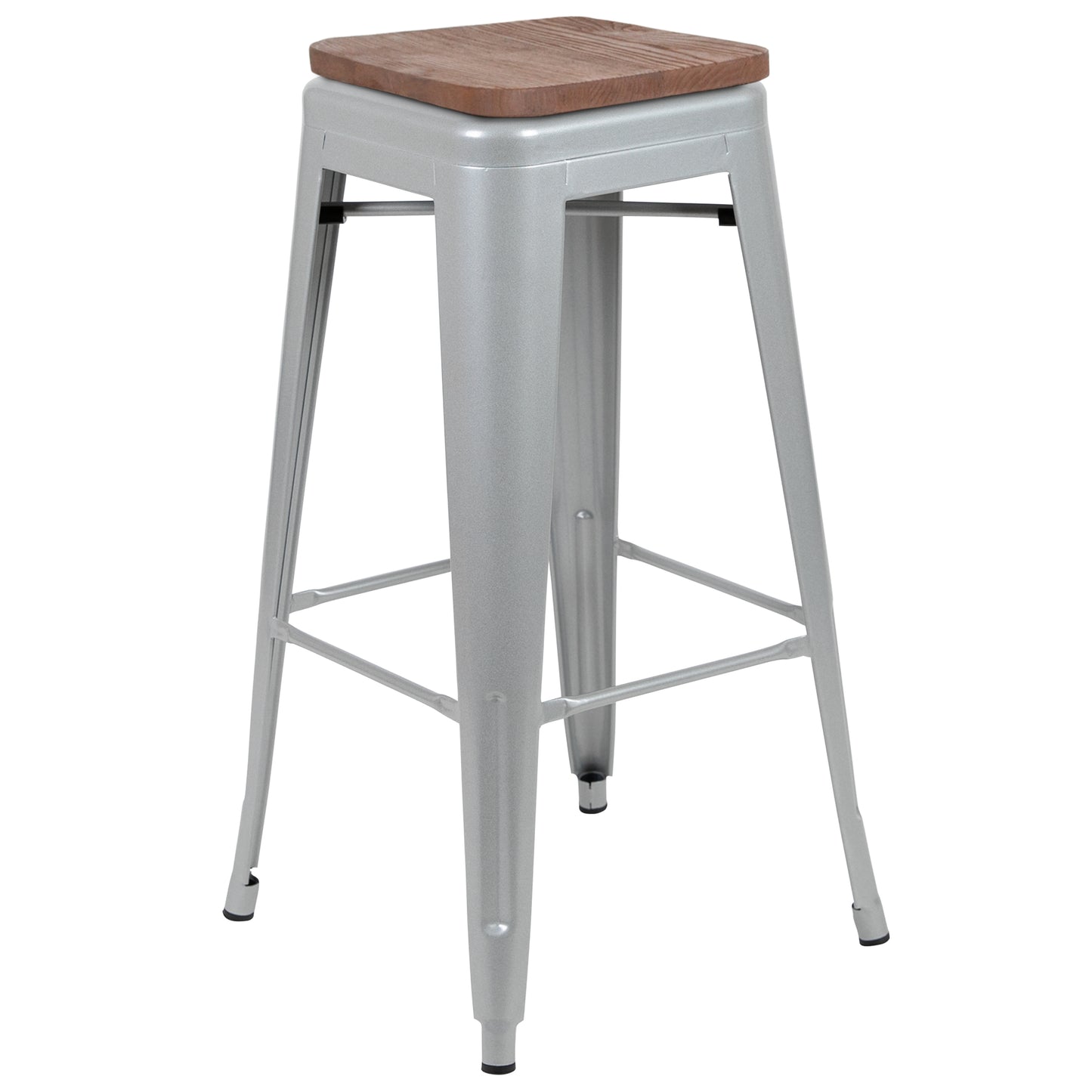 Cierra 30" High Metal Indoor Bar Stool with Wood Seat in Silver - Stackable Set of 4 Silver