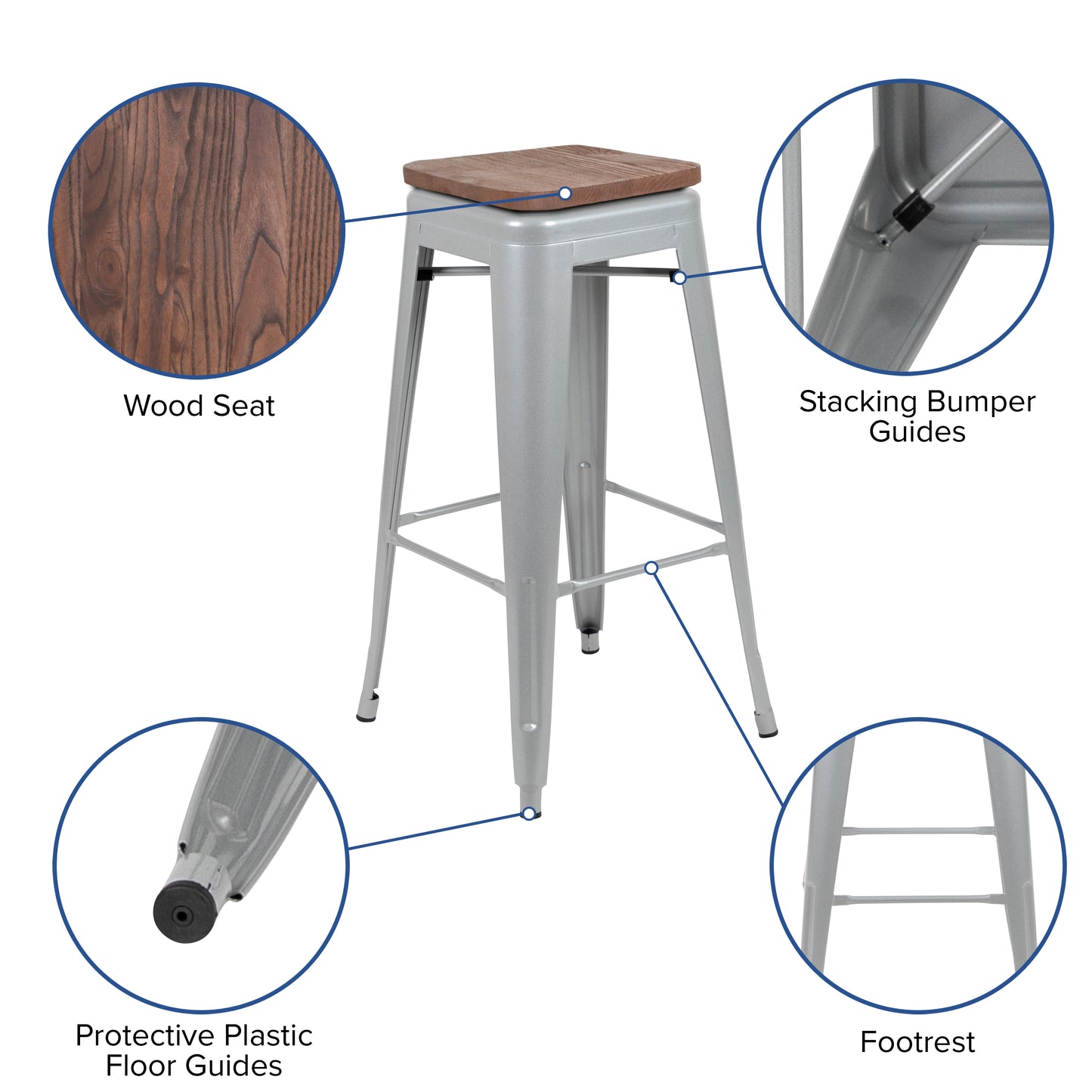 Cierra 30" High Metal Indoor Bar Stool with Wood Seat in Silver - Stackable Set of 4 Silver