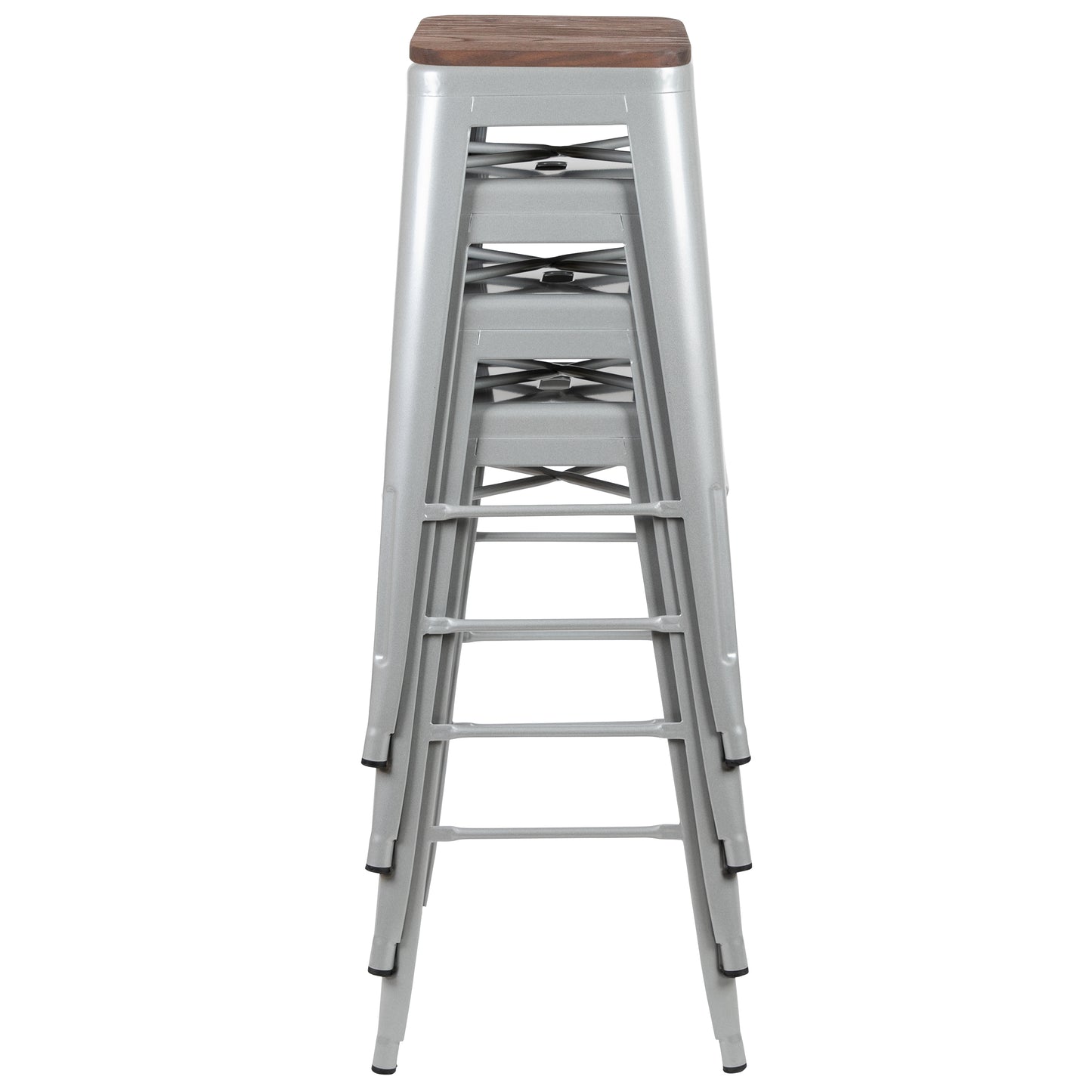 Cierra 30" High Metal Indoor Bar Stool with Wood Seat in Silver - Stackable Set of 4 Silver