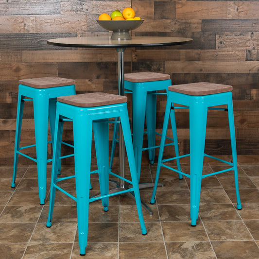 Cierra 30" High Metal Indoor Bar Stool with Wood Seat in Teal - Stackable Set of 4 Teal