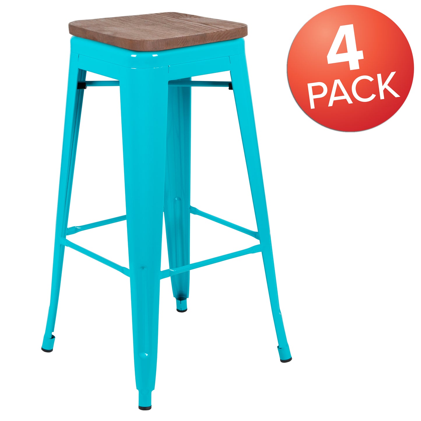 Cierra 30" High Metal Indoor Bar Stool with Wood Seat in Teal - Stackable Set of 4 Teal