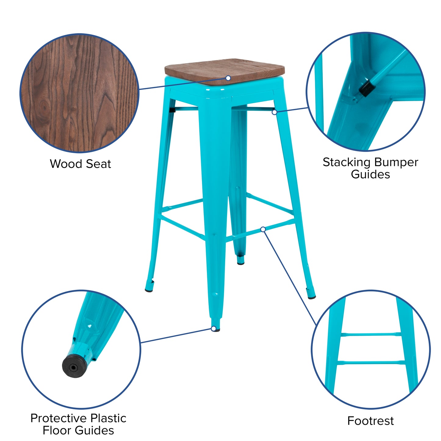 Cierra 30" High Metal Indoor Bar Stool with Wood Seat in Teal - Stackable Set of 4 Teal