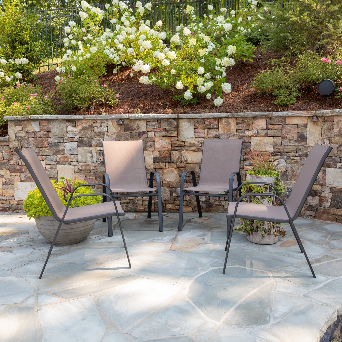 4 Pack Brazos Series Brown Outdoor Stack Chair with Flex Comfort Material and Metal Frame Brown