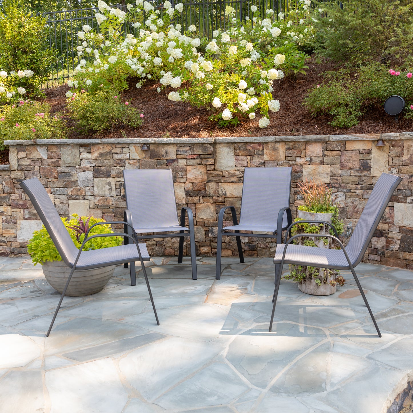 4 Pack Brazos Series Gray Outdoor Stack Chair with Flex Comfort Material and Metal Frame Gray