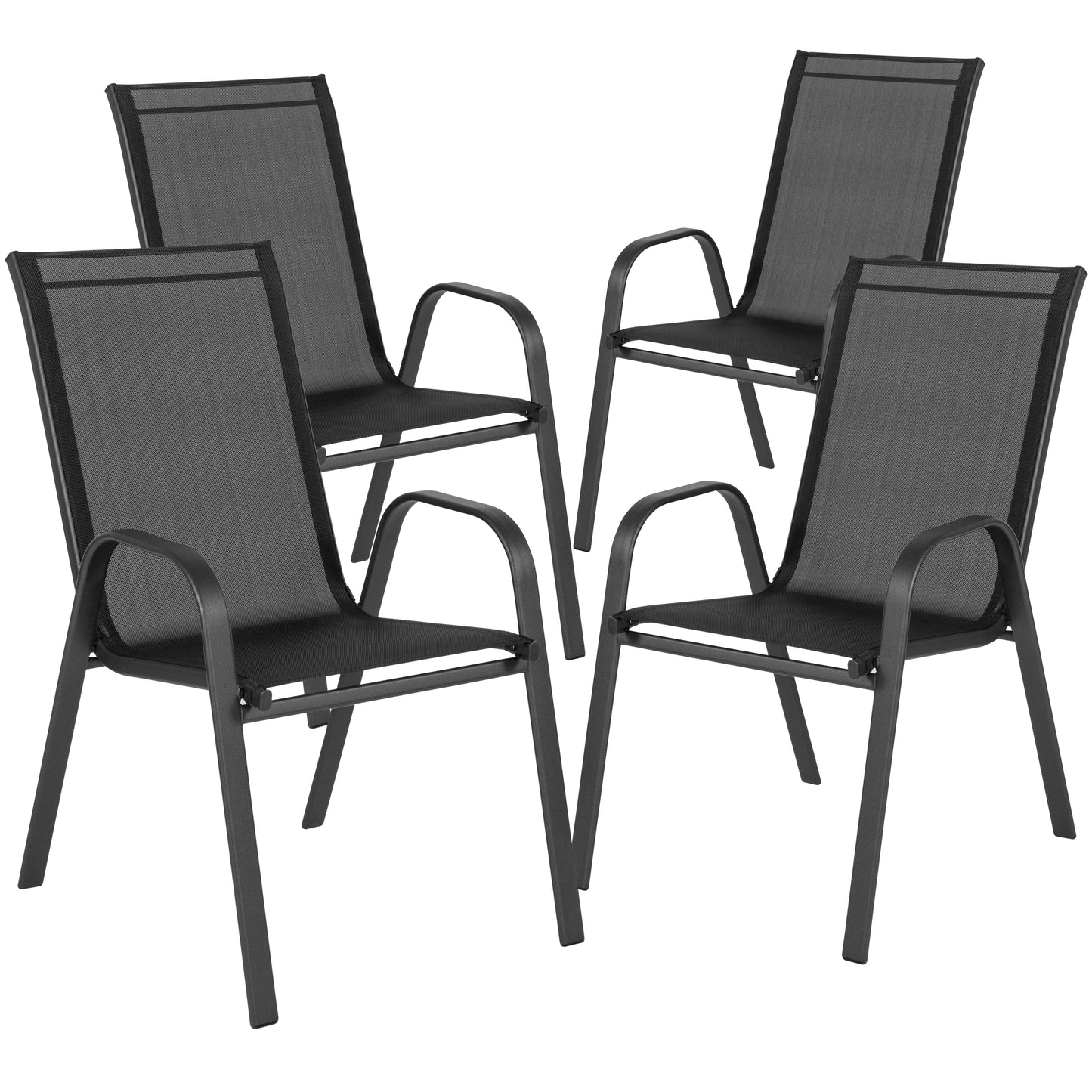 4 Pack Brazos Series Black Outdoor Stack Chair with Flex Comfort Material and Metal Frame Black