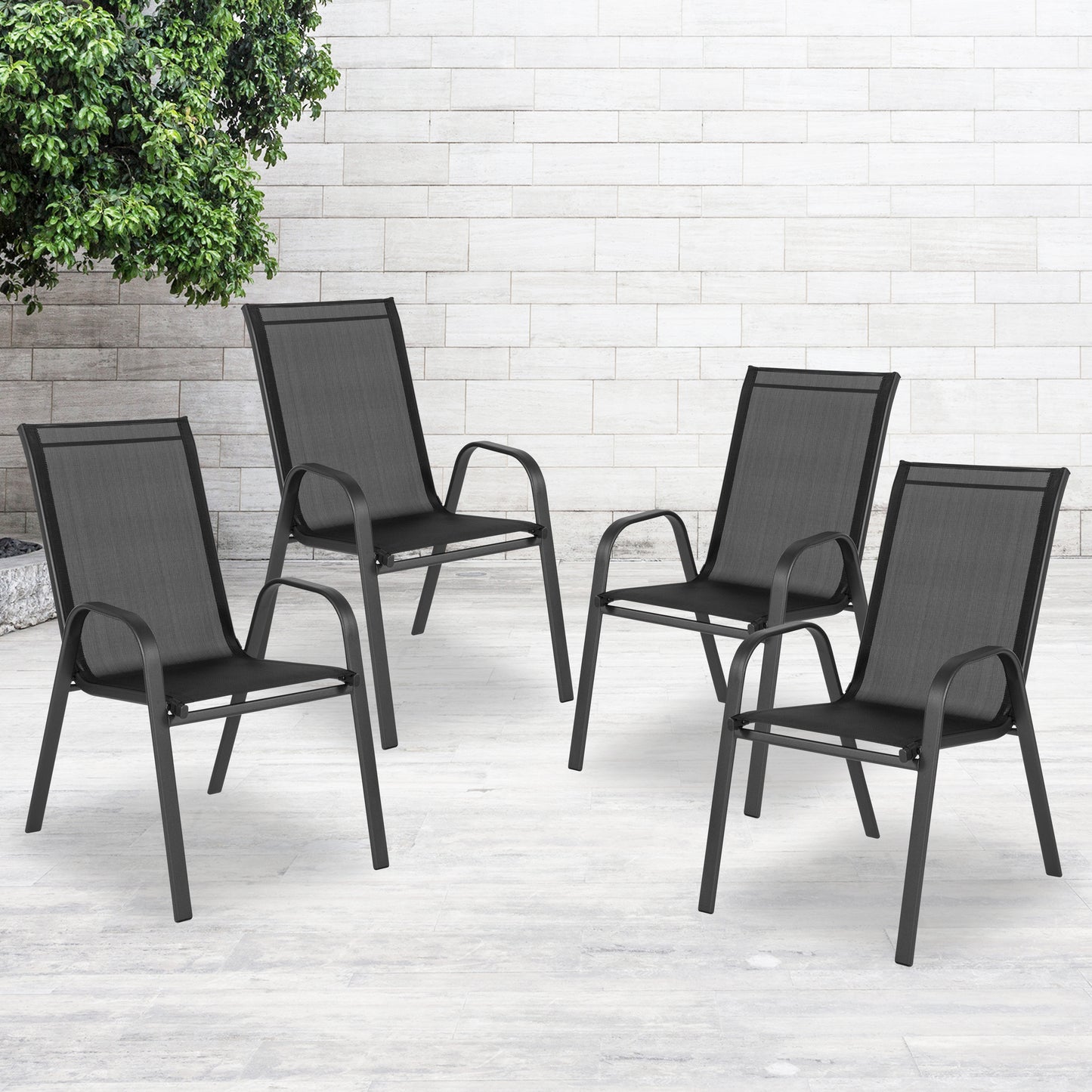4 Pack Brazos Series Black Outdoor Stack Chair with Flex Comfort Material and Metal Frame Black