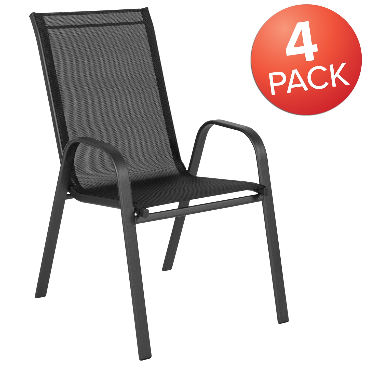 4 Pack Brazos Series Black Outdoor Stack Chair with Flex Comfort Material and Metal Frame Black
