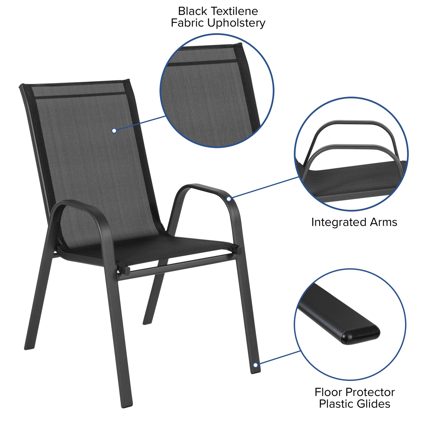 4 Pack Brazos Series Black Outdoor Stack Chair with Flex Comfort Material and Metal Frame Black