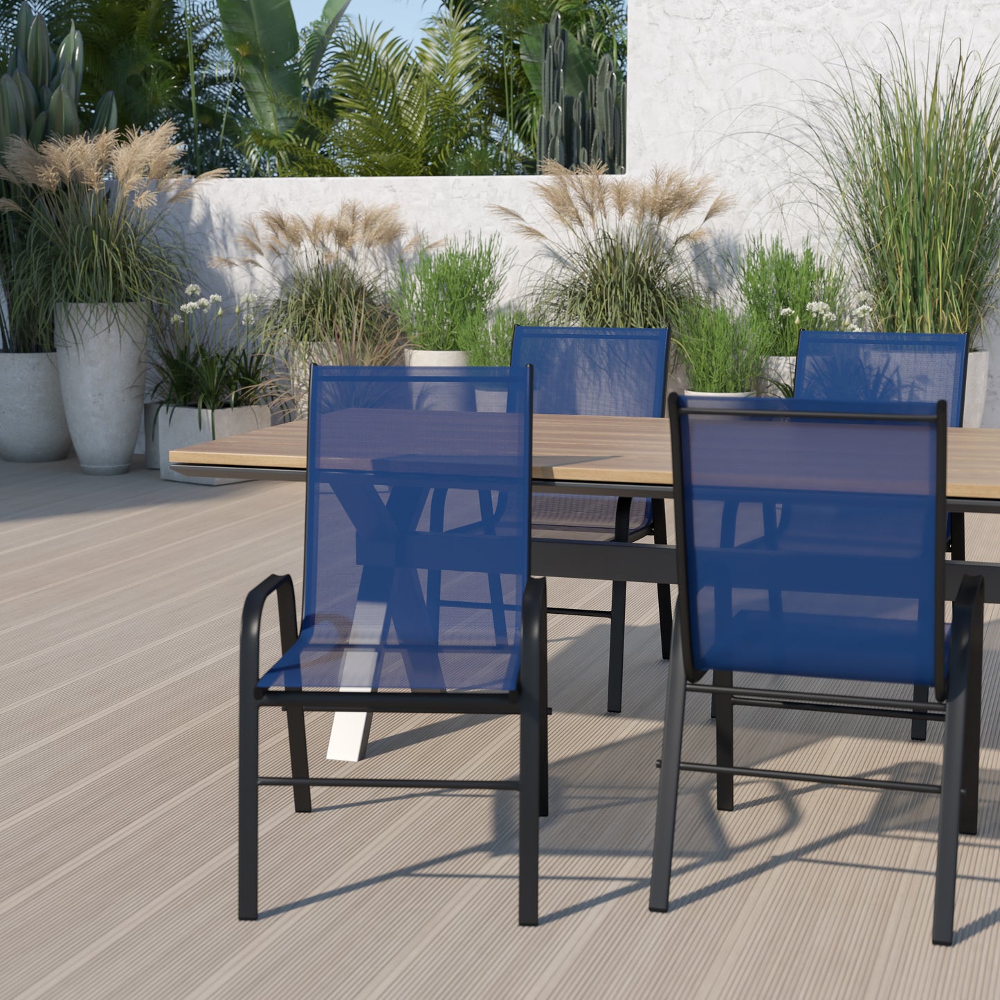4 Pack Brazos Series Navy Outdoor Stack Chair with Flex Comfort Material and Metal Frame Navy