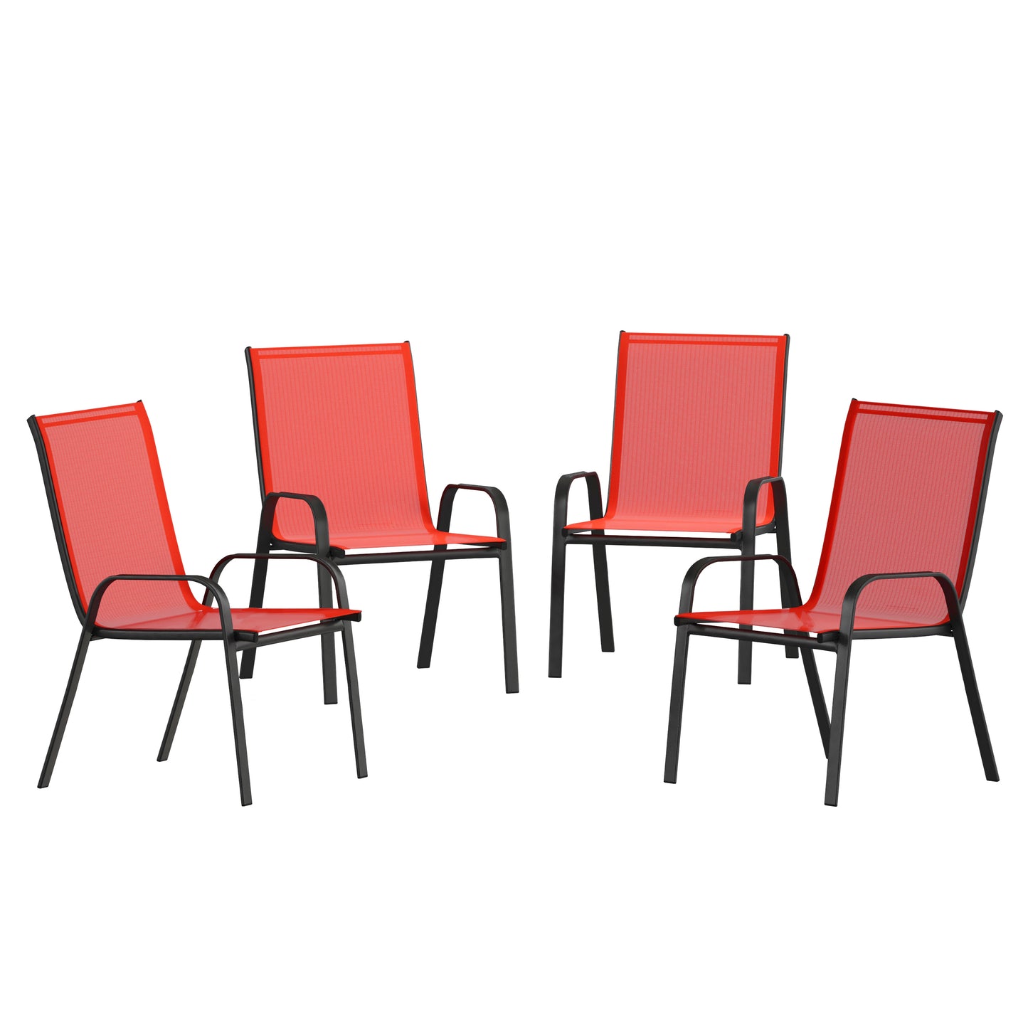 4 Pack Brazos Series Black Outdoor Stack Chair with Flex Comfort Material and Metal Frame Red